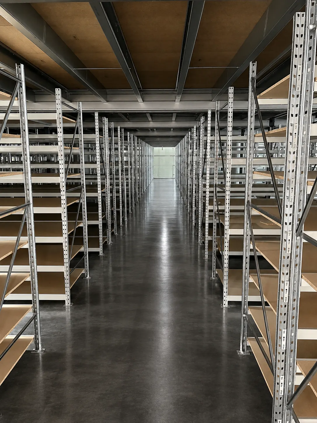 Allée de rayonnages métalliques pour le stockage de pièces automobiles au Blanc-Mesnil